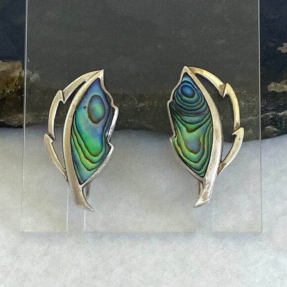 VTG Sterling Silver 925 Dainty Abalone Inlay Foliage Leaf Screwback Earrings - Picture 11 of 16